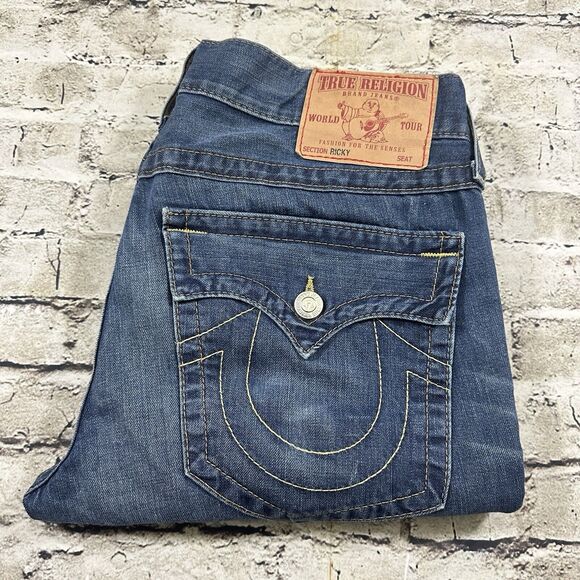 True Religion Jeans Mens 33x33 Blue Ricky Relaxed Straight Light Wash Denim - Picture 1 of 16